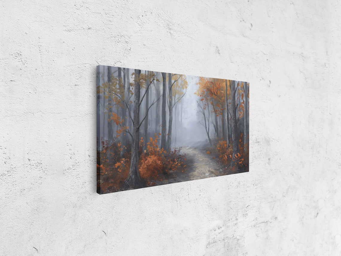 Foggy Woodland Path With Tall Grey Trees And Orange Underbrush Poster - Image 4
