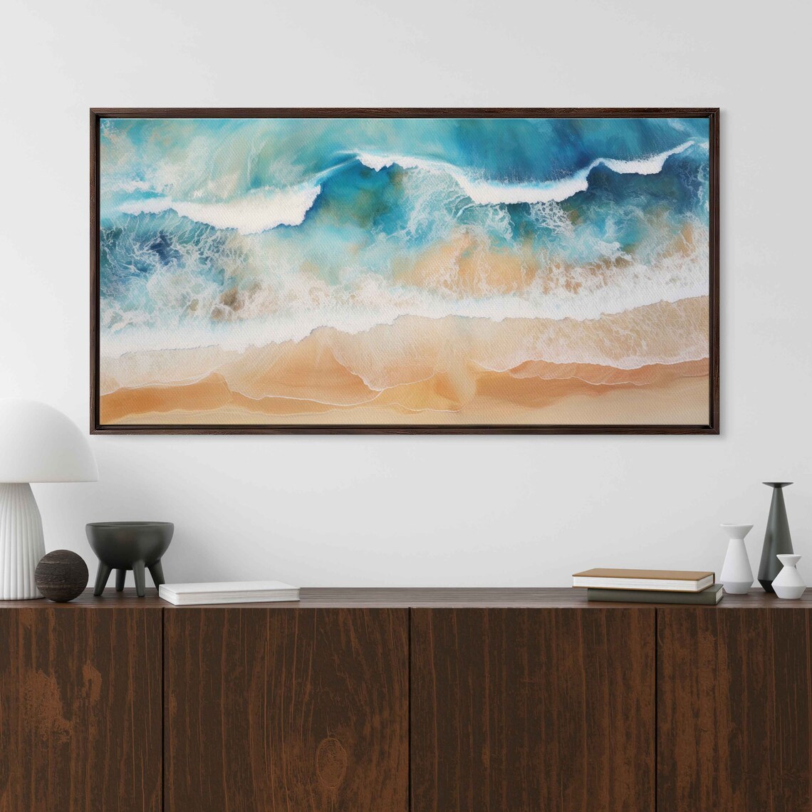 Aerial Beach Waves Crashing White Foam Soft Turquoise Sea Panoramic Poster - Image 2