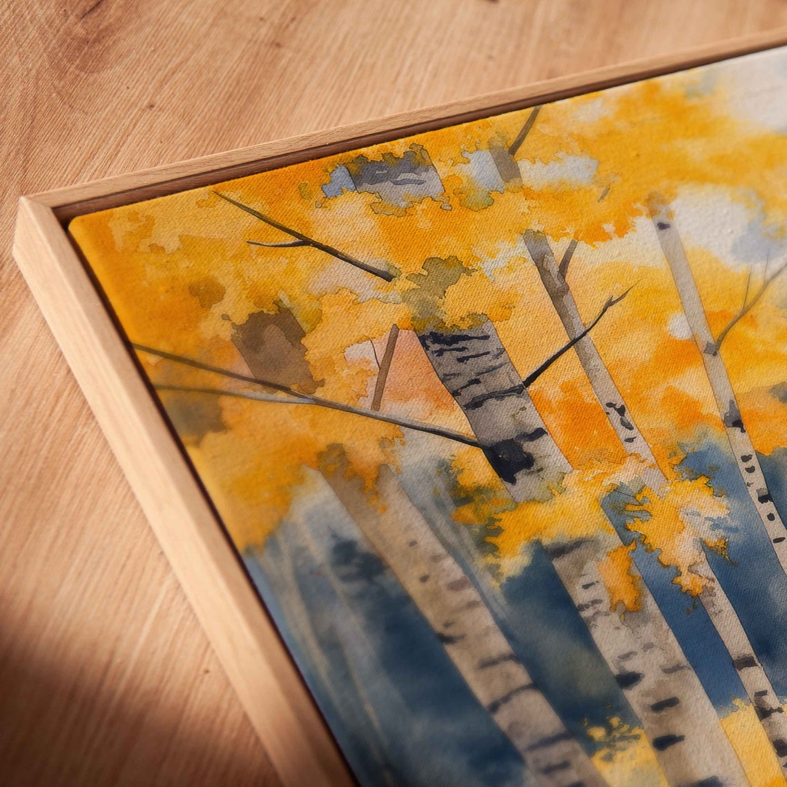 Log Cabin Among Golden Birch Trees In Autumn Watercolor Art Poster - Image 2