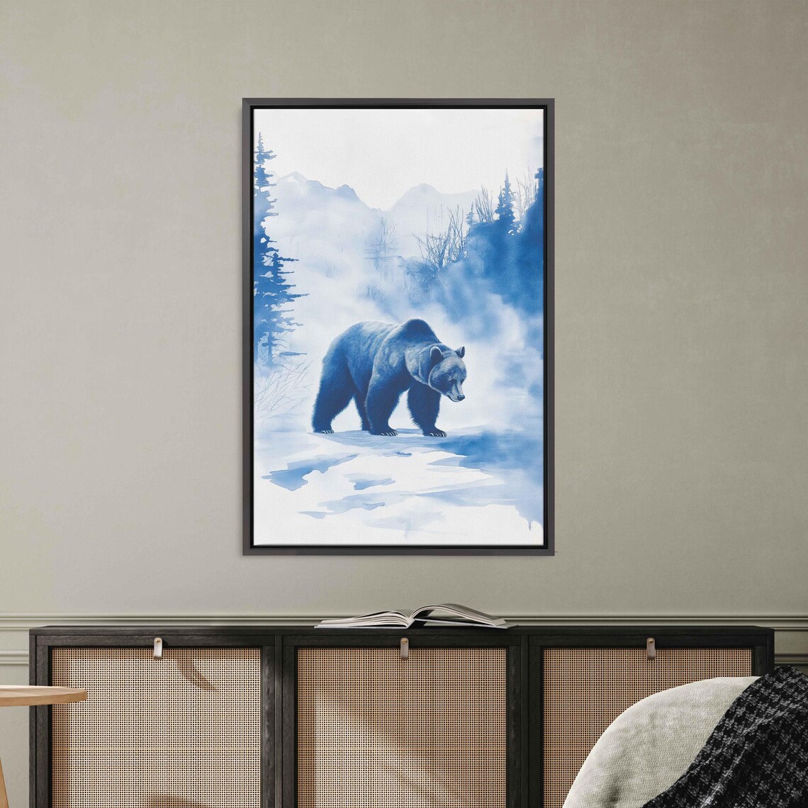 Grizzly Bear In Snowy Landscape Minimalist Blue Watercolor Art Poster