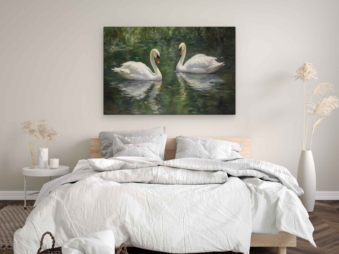 Oil Painting of Two Swans Swimming in a Pond Art Print - Image 3