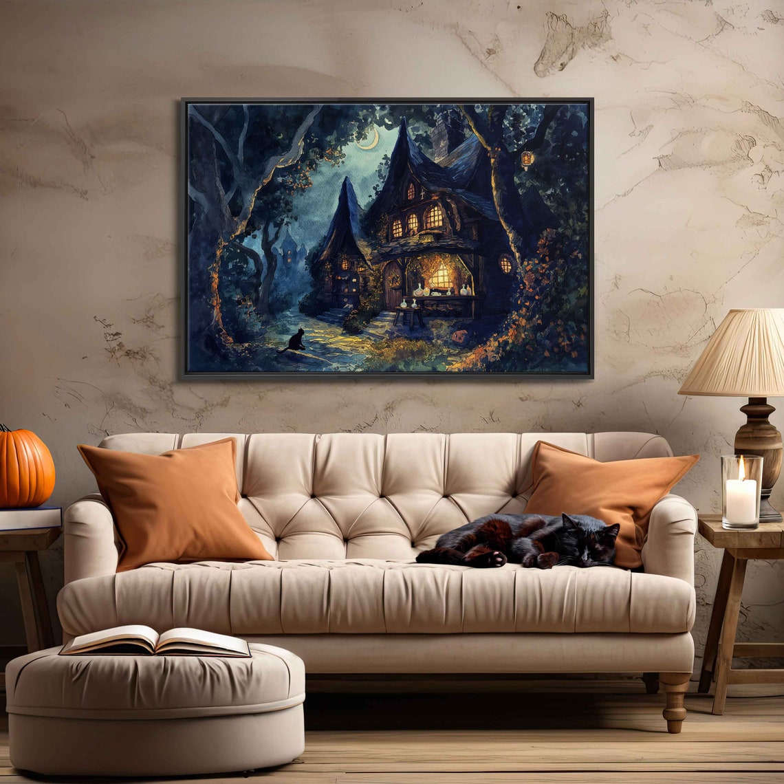Whimsical Witch Cottage In Moonlit Woods Spooky Halloween Night Poster