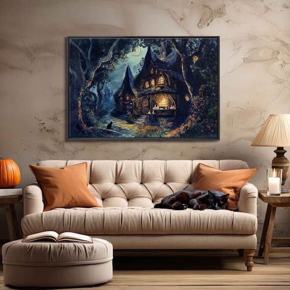 Whimsical Witch Cottage In Moonlit Woods Spooky Halloween Night Poster