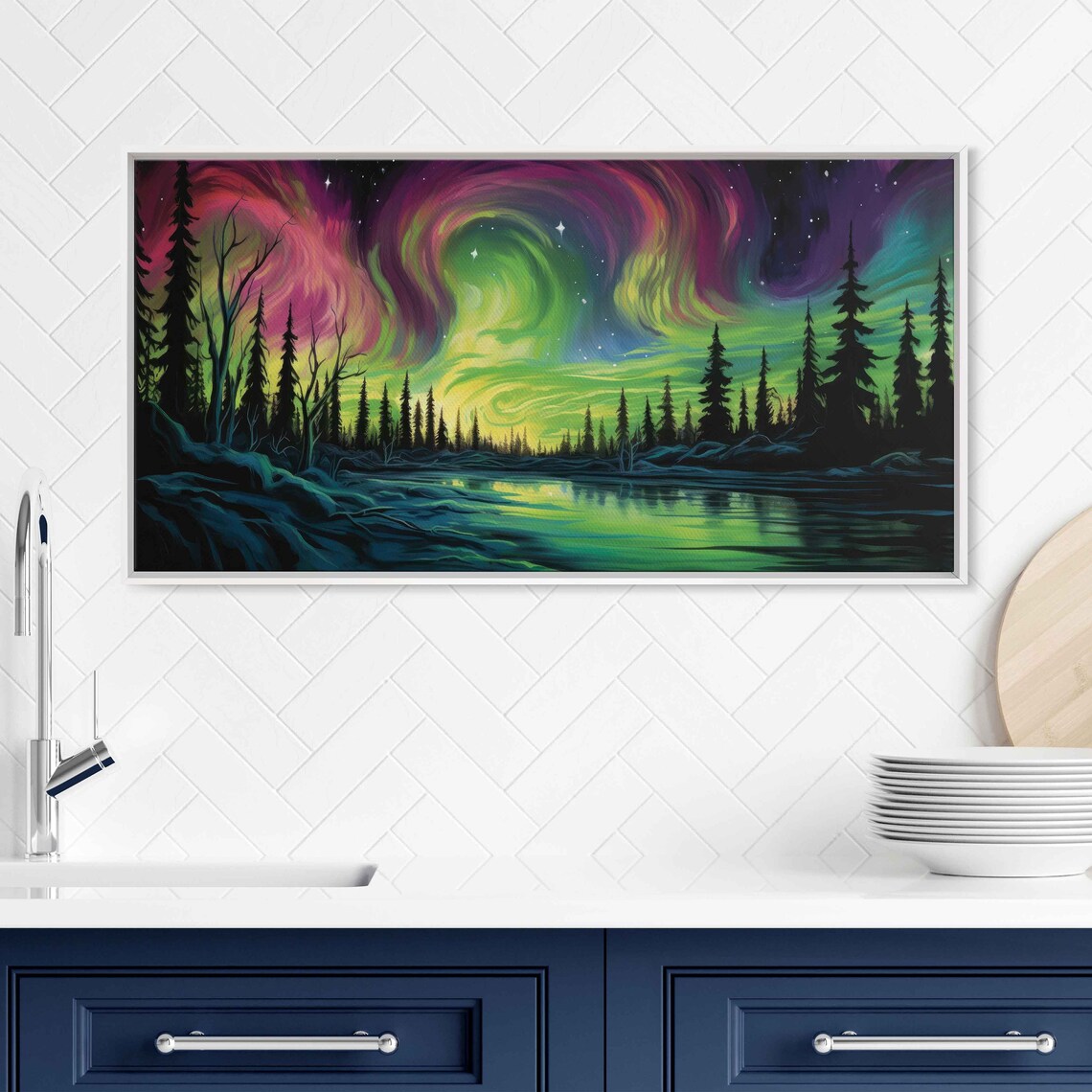 Starry Aurora Night Sky Pine Lake Reflection Northern Lights Travel Poster - Image 2