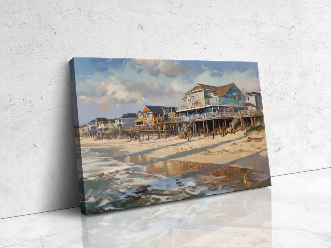 Rehoboth Beach Delaware Oceanfront Cottages Stilt Houses Sand Painting Poster - Image 4