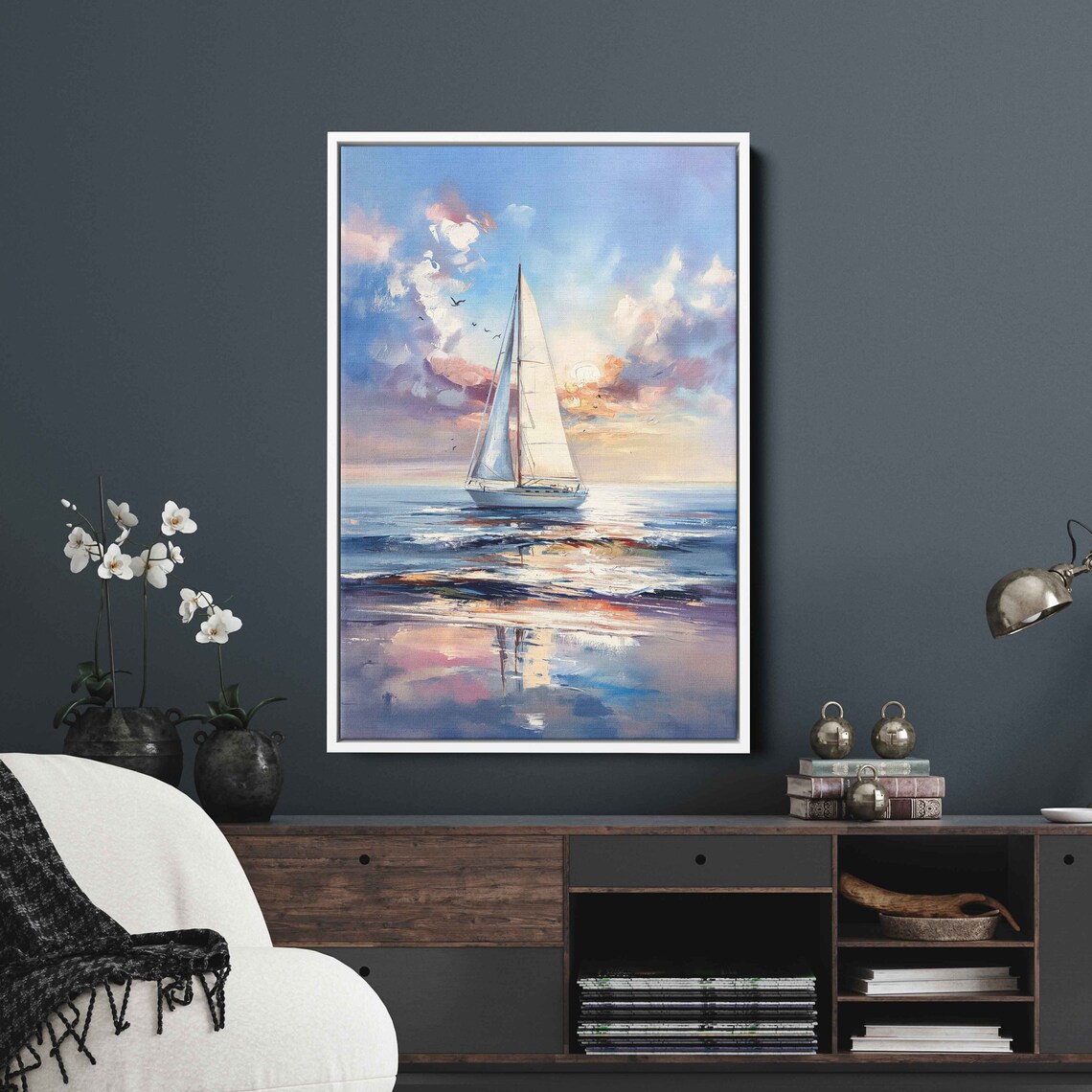 Sailboat Sunset Calm Reflective Water Pink Clouds Seascape Painting Print - Image 3