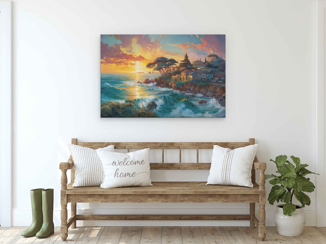 Coastal Cliff Town Sunset Ocean Waves Luminous Oil Painting Poster - Image 2