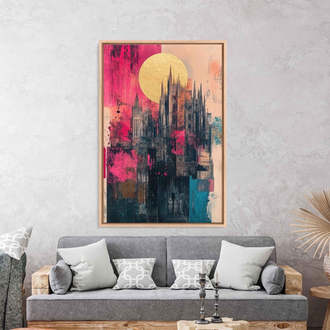 Gothic Cathedral Golden Sun Magenta Sky Abstract Surreal Art Poster