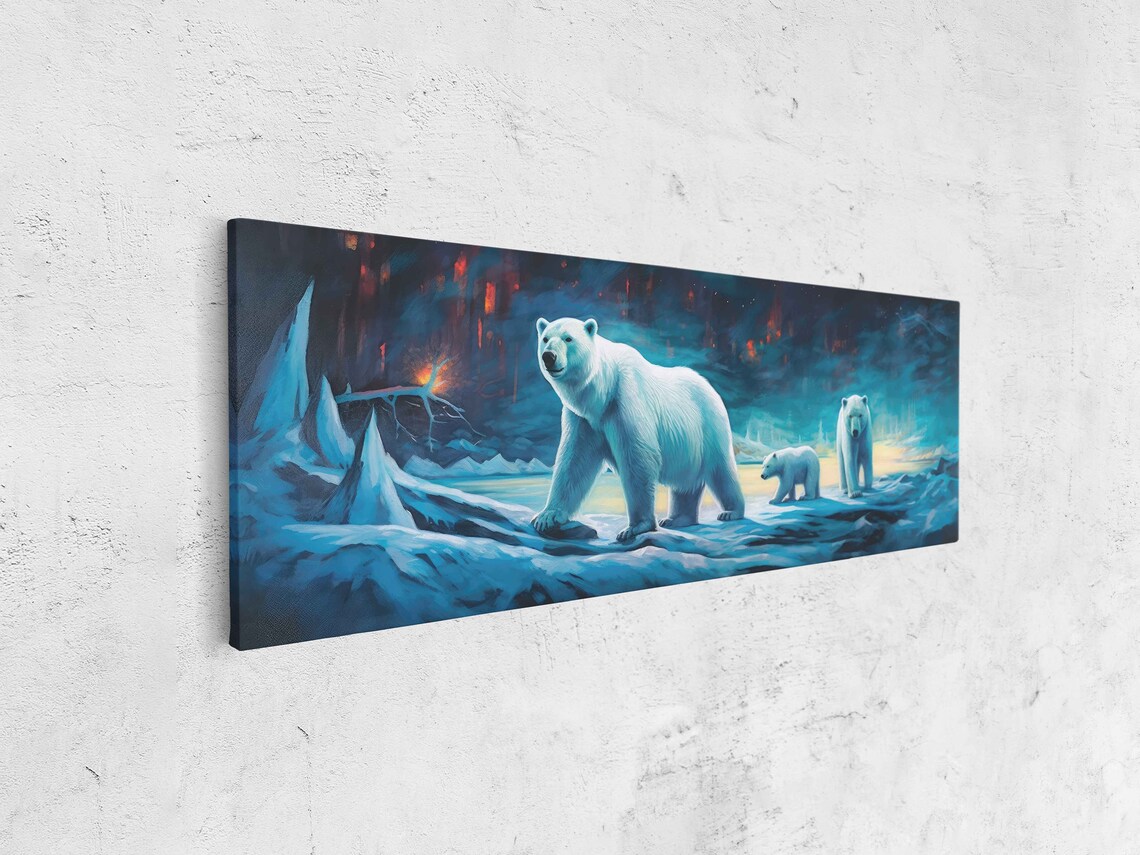 Polar Bear Family Crossing Arctic Ice Teal Twilight Sky Panoramic Art Poster - Image 4