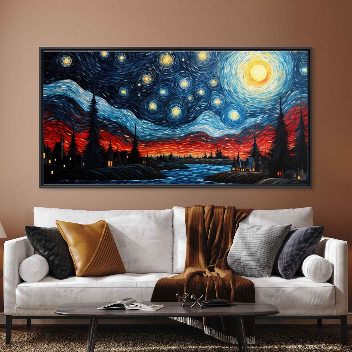 Starry Night Van Gogh Inspired Wall Art Print Tranquil Town On Water Ready To Hang - Image 2