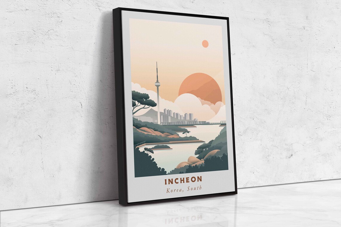 Incheon South Korea Waterfront Tower Sunset Retro Travel Poster - Image 2