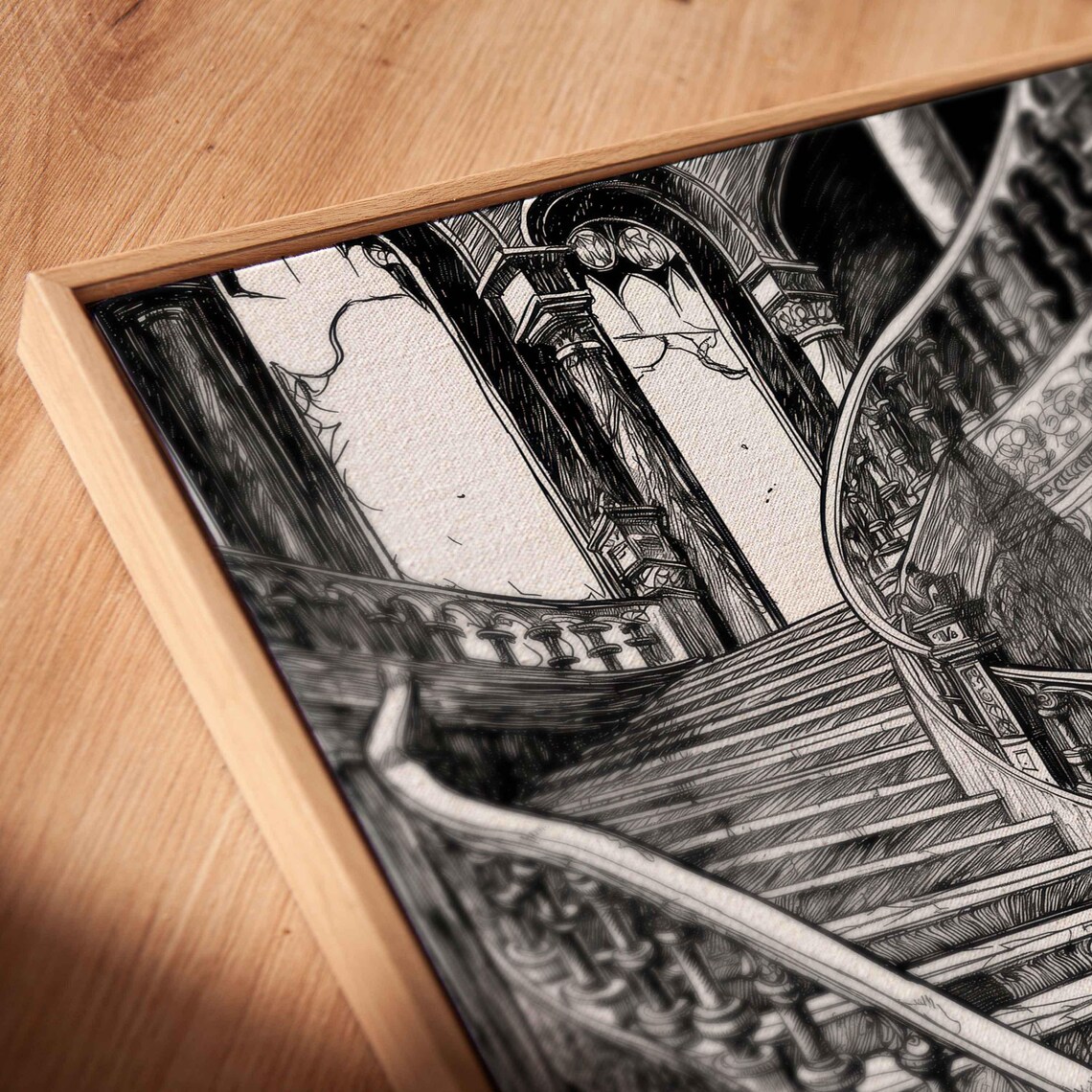 Grand Gothic Spiral Staircase Carved Balustrade Ink Art Halloween Poster - Image 2