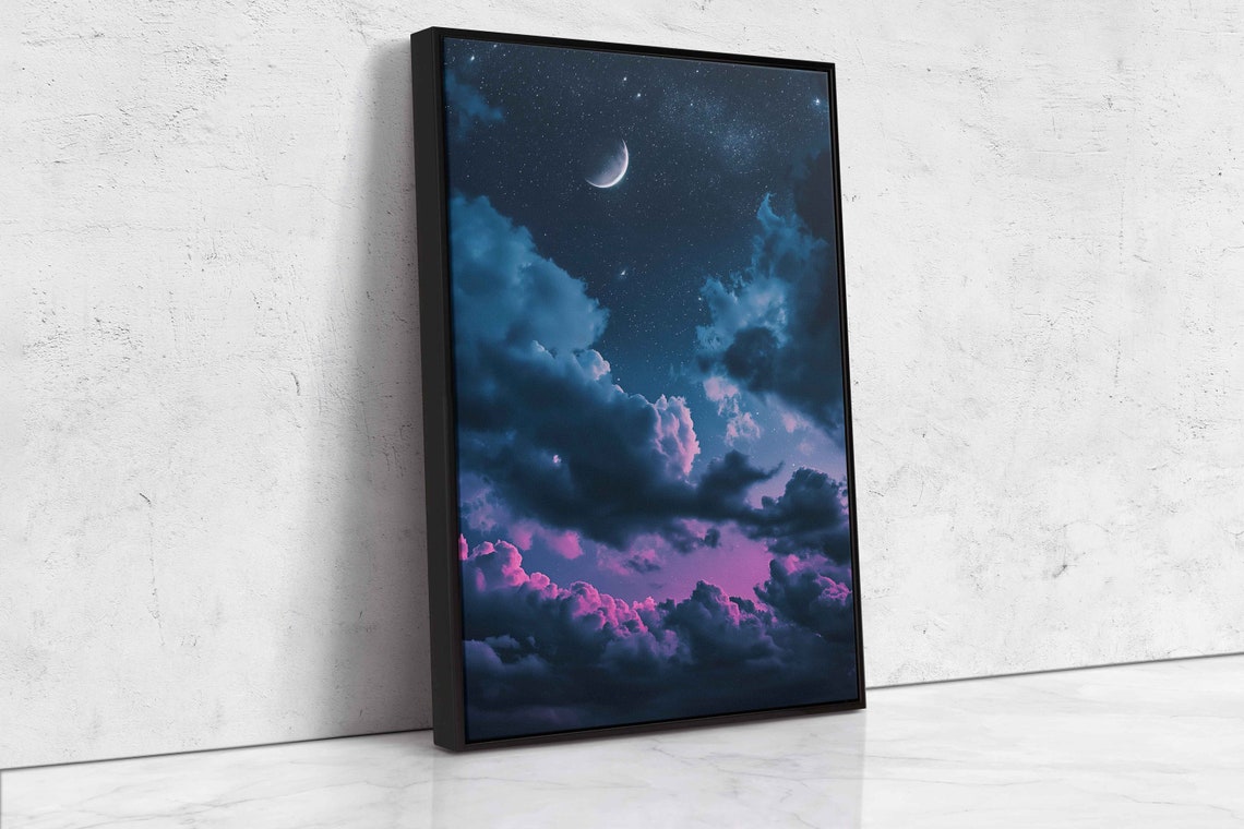 Crescent Moon In Starry Sky With Purple Clouds Night Art Poster - Image 4