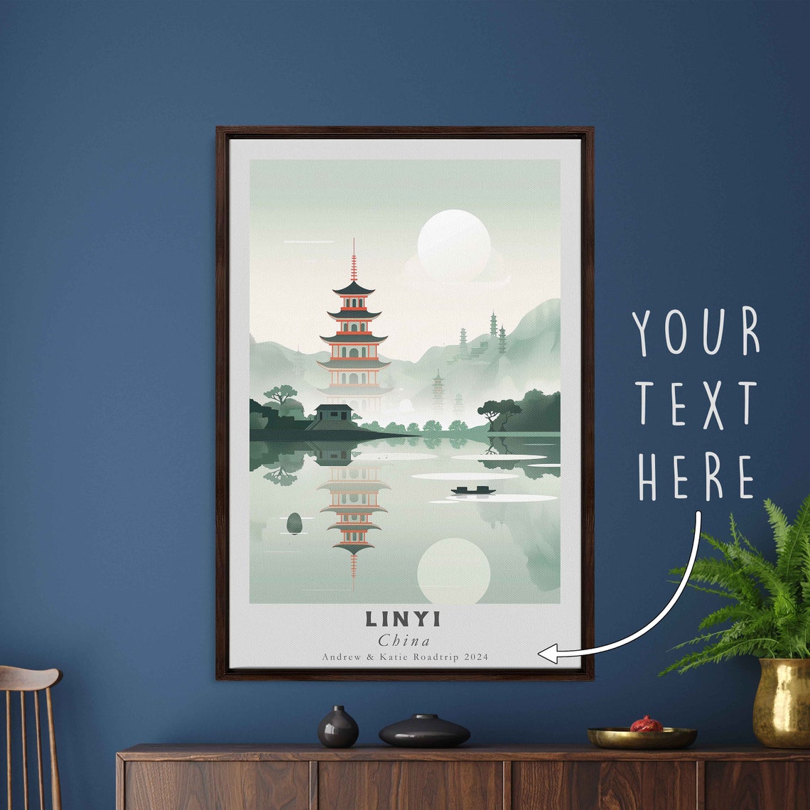 Linyi China Misty Pagoda Lake Moon Minimal Sage Green Art Poster - Image 3