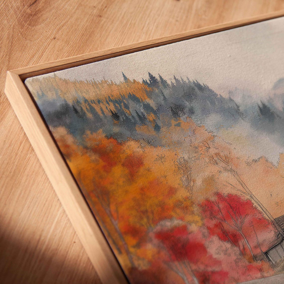Watercolor Mountain Village Cabins Autumn Foliage Forest Poster - Image 2