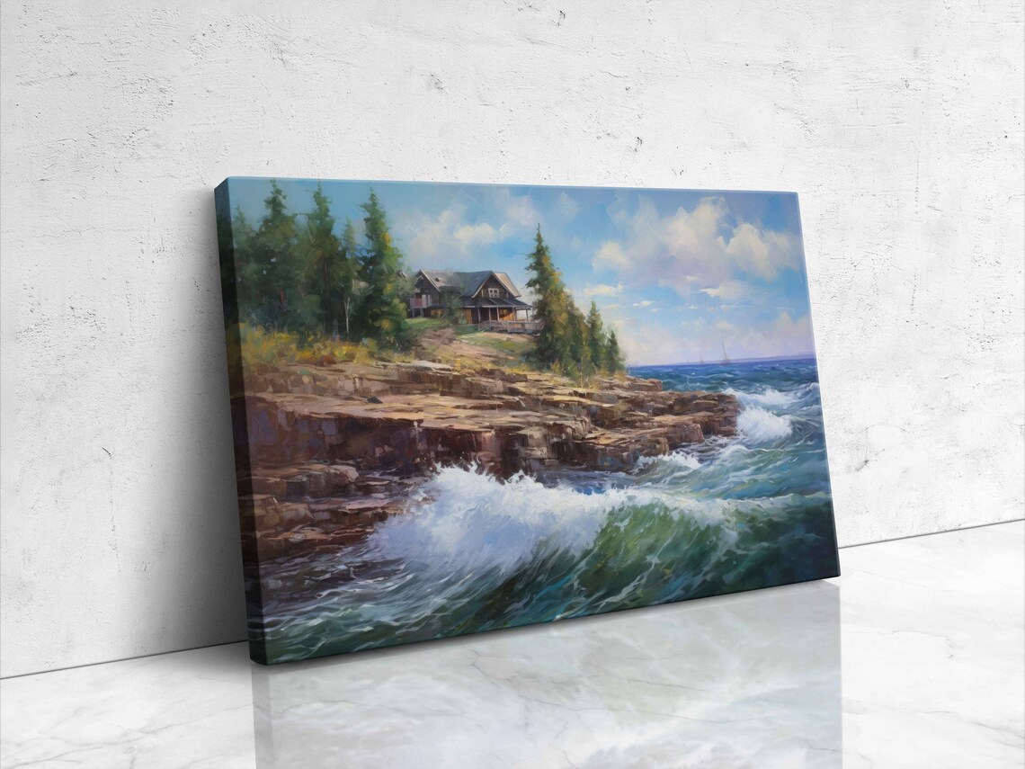Grand Marais Minnesota Rocky Shoreline Crashing Waves Cabin Oil Painting Poster - Image 4