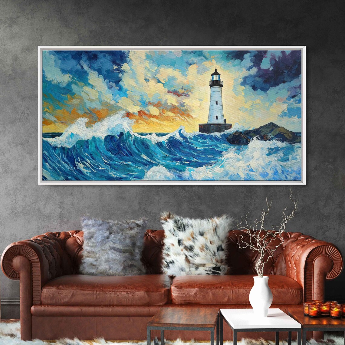 Lighthouse Against Roaring Waves, Acrylic Painting
