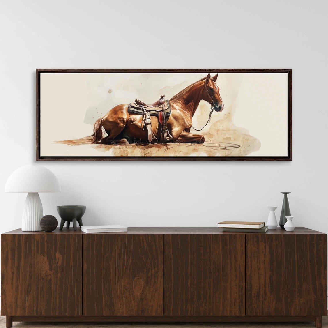 Saddled Chestnut Horse Resting Watercolor Minimalist Wall Poster