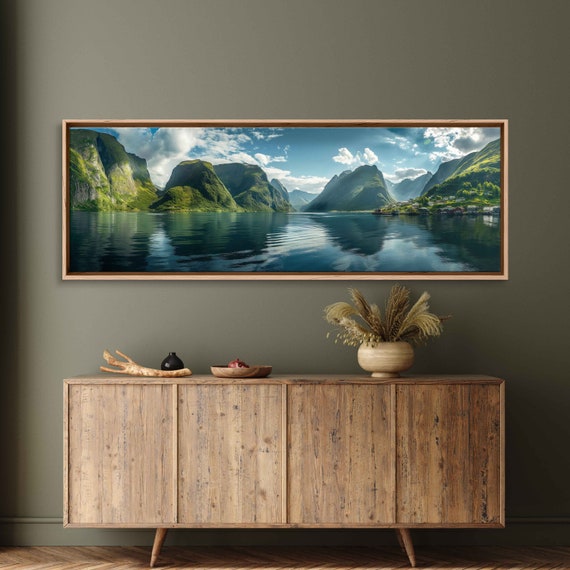 Photo Of Norwegian Fjords Cloudy Blue Skies Lush Greenery Calm Lake Waters Wall Art Print Ready To Hang