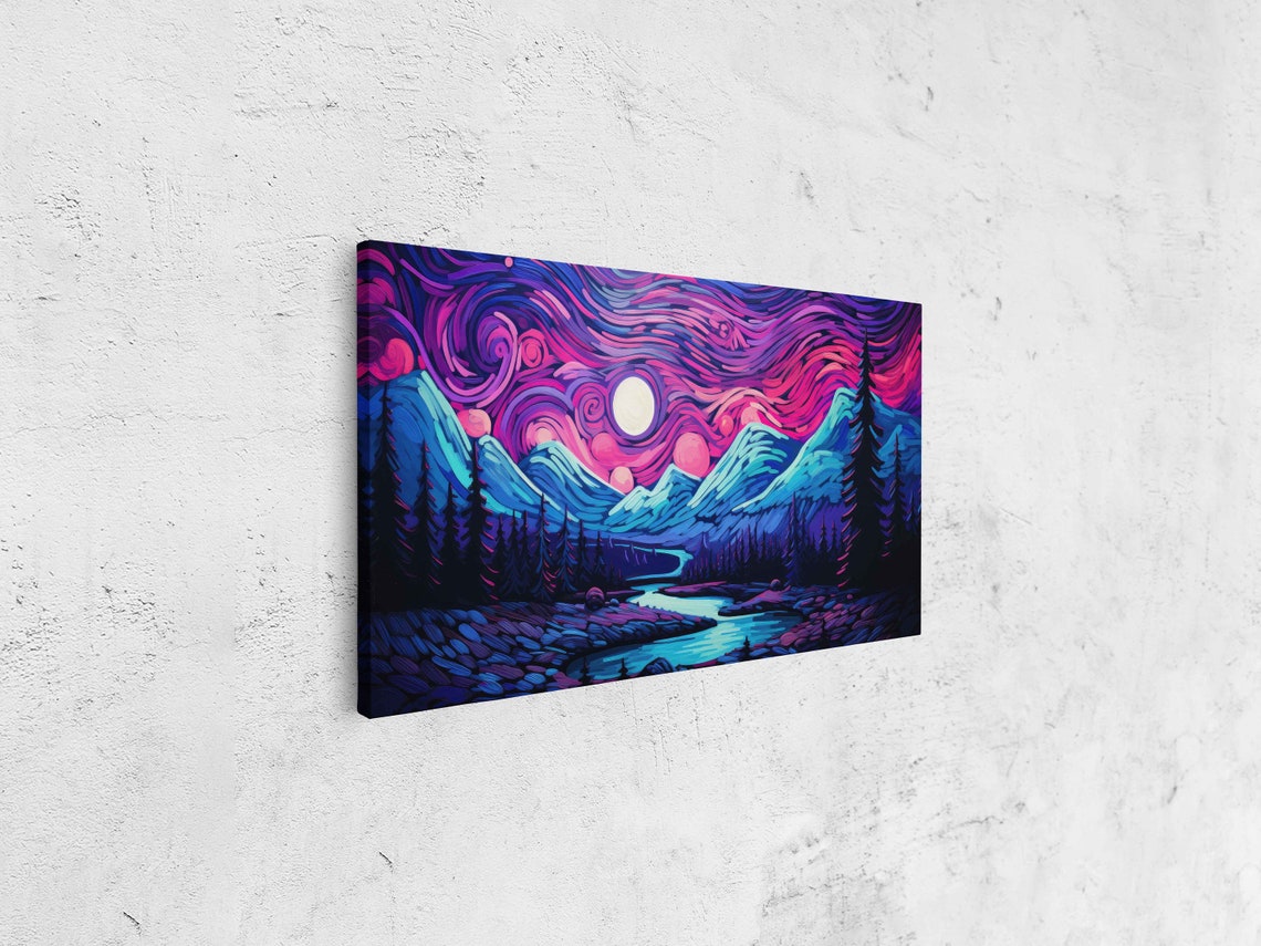 Starry Night Swirling Purple Sky Mountains Lake Impressionist Poster - Image 4