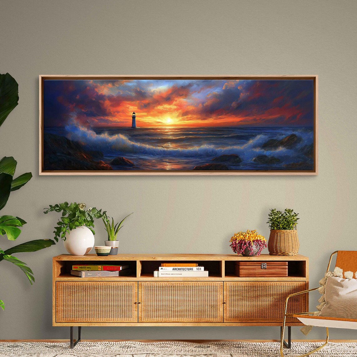 Lighthouse Sunset Ocean Horizon Fiery Sky Waves Rocky Shore Hopeful Poster - Image 3