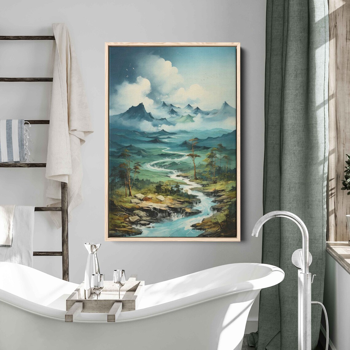Cloudy Mountain River Valley Print On Ready To Hang
