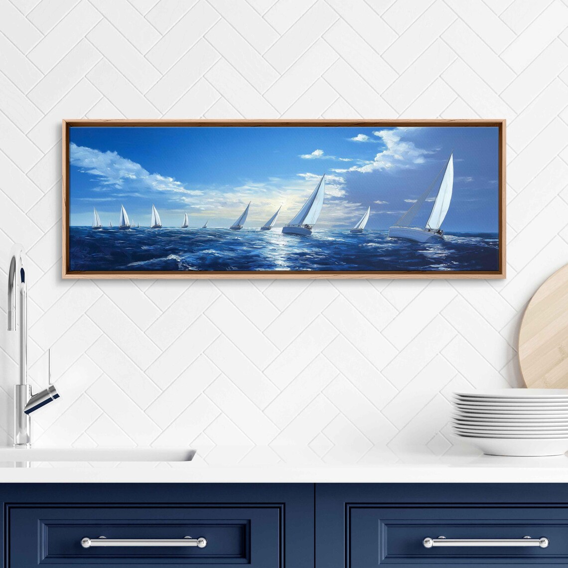 Sailing Regatta Panoramic Painting White Sailboats Racing Blue Sea Sunny Sky Poster