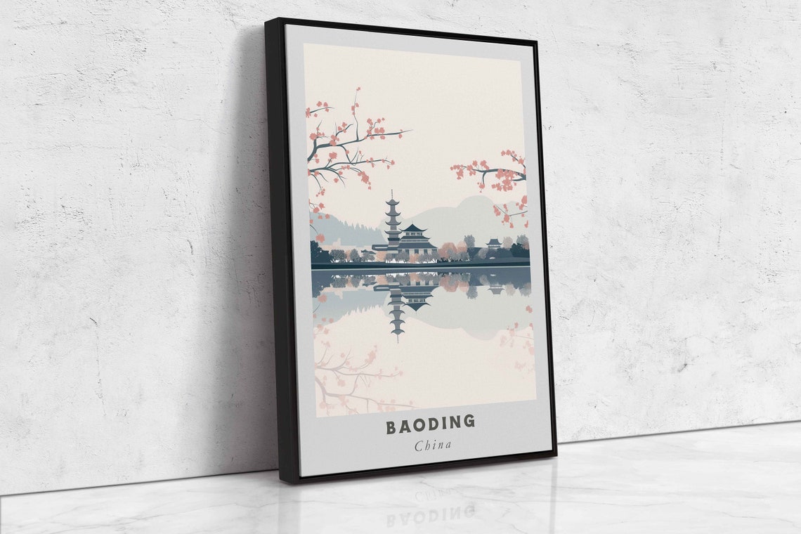 Baoding China Lakeside Pagoda Cherry Blossom Minimal Art Travel Poster - Image 2