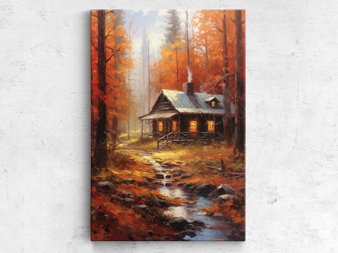 Cozy Autumn Cabin Orange Forest Stream Fall Colors Painting Print