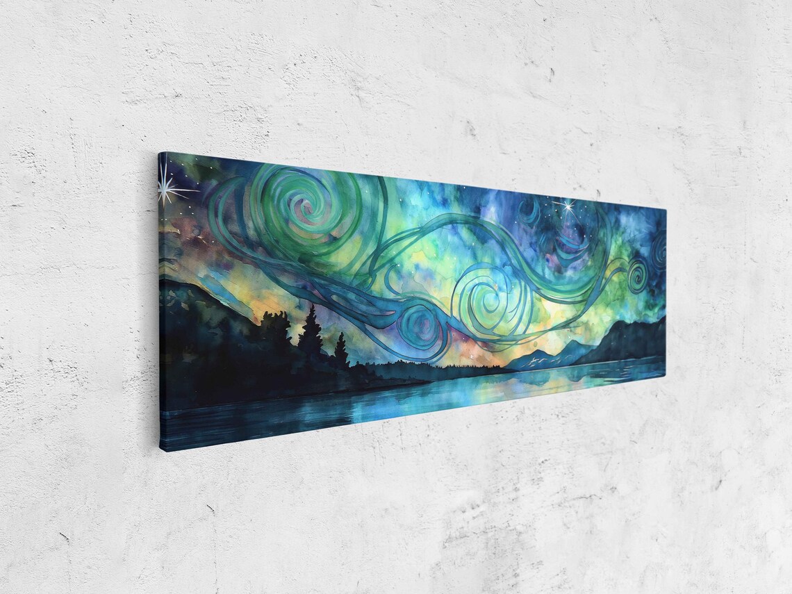 Watercolor Aurora Ribbons Flowing Over Mountain Lake Night Sky Wall Poster - Image 4
