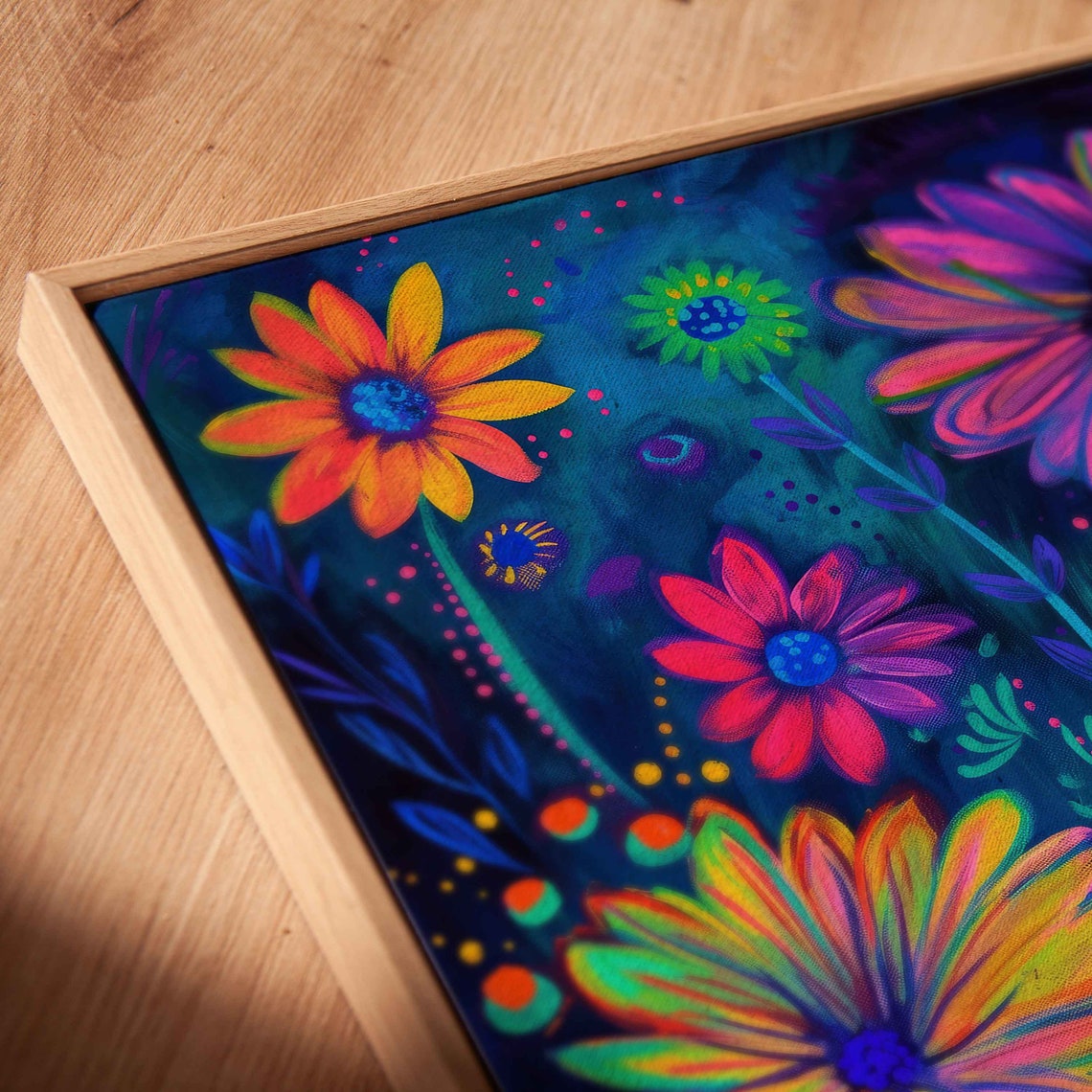 Neon Wildflowers Night Garden Colorful Daisies Painting Poster - Image 2