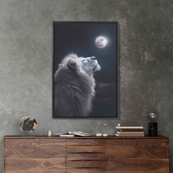 Majestic Lion Staring Up At The Moon Wall Art Print Lions Mane Starry Night Sky Animal Painting Ready To Hang