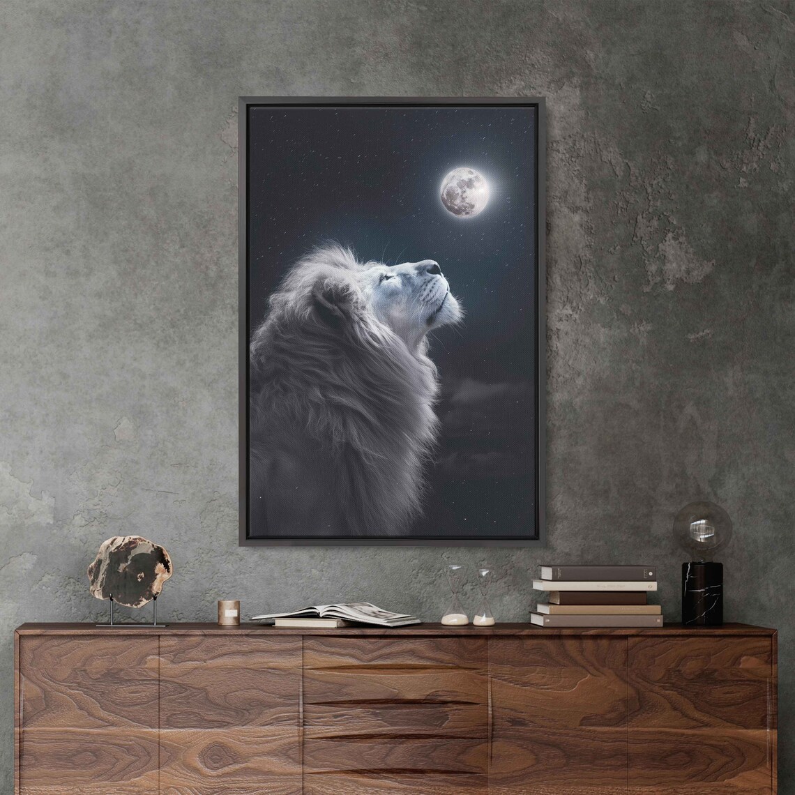 White Lion Gazing at Full Moon Starry Night Majestic Animal Wall Art Poster