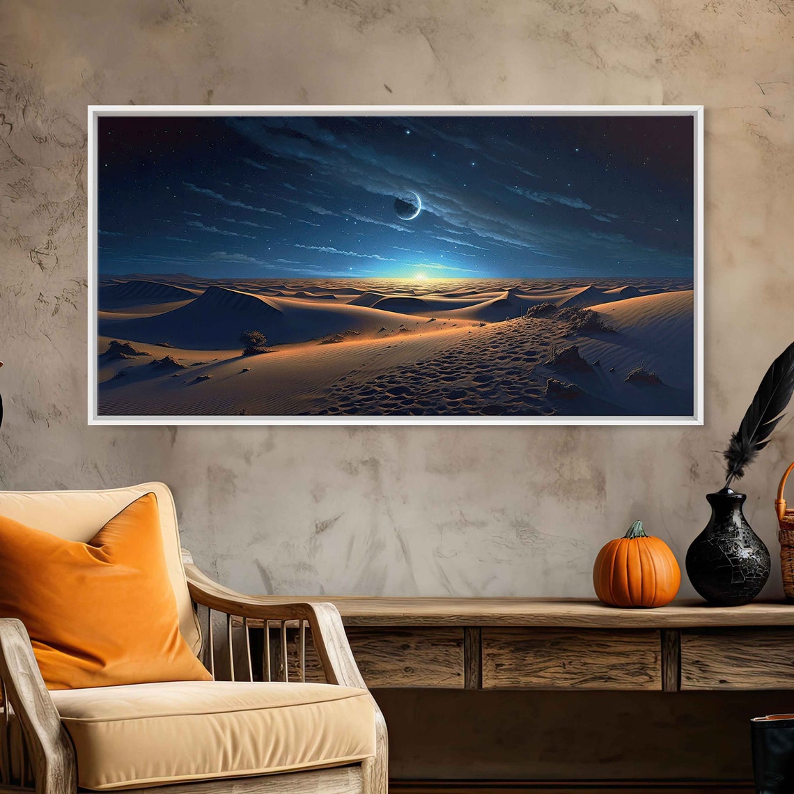 Moonlit Desert Dunes Night Sky Crescent Moon Sunrise Wall Poster - Image 3