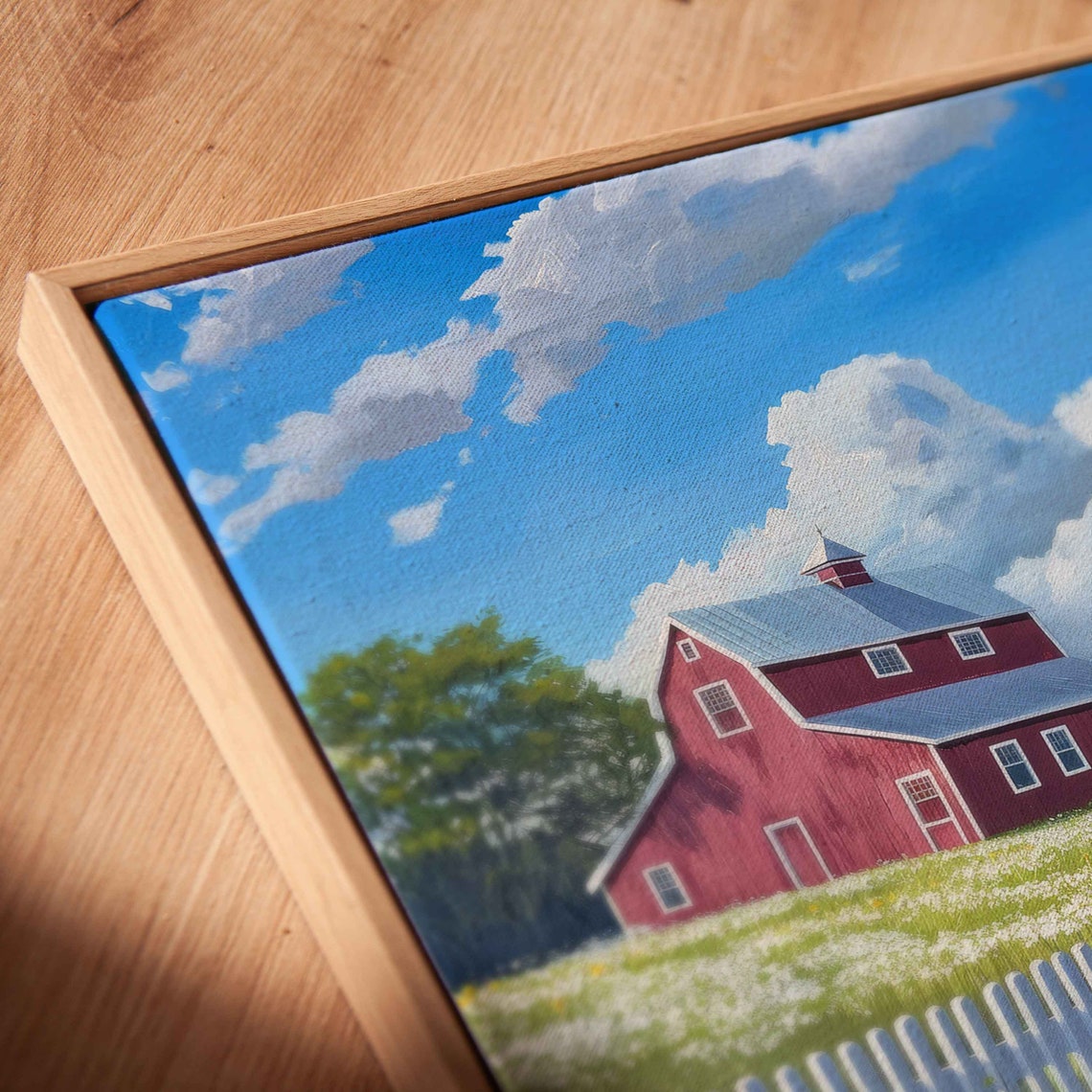 Serene Barn Landscape Paitning Cloudy Blue Sky Lush Greenery White Picket Fence Wall Art Print Ready To Hang - Image 2