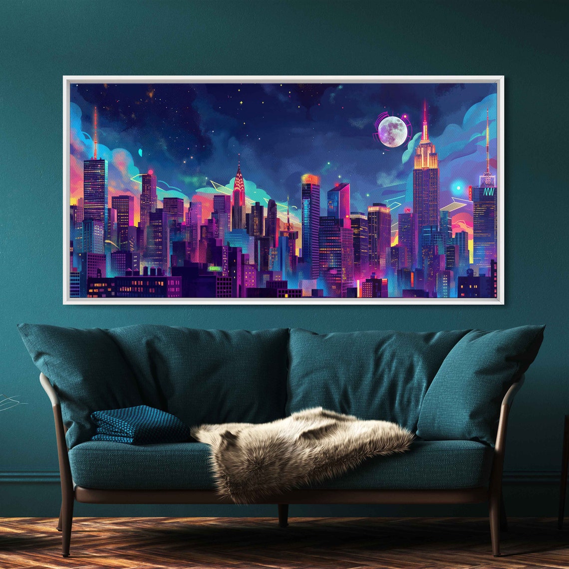 Neon Pop Art City Skyline Night Moonlit Skyscrapers Vibrant Poster - Image 3