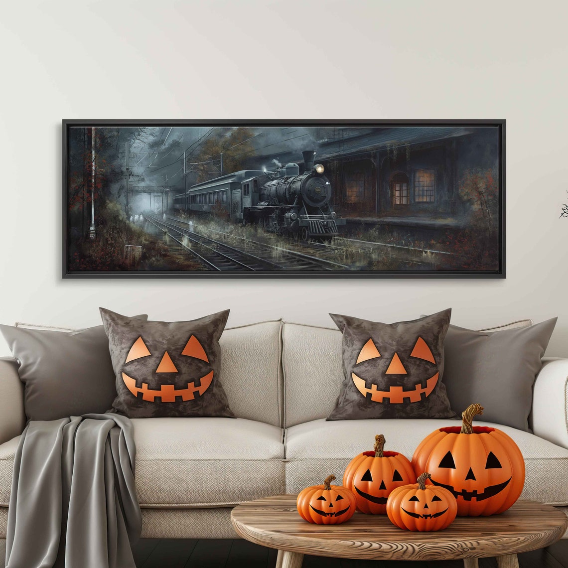 Spooky Old Train Station Steam Engine Foggy Night Panoramic Poster - Image 3
