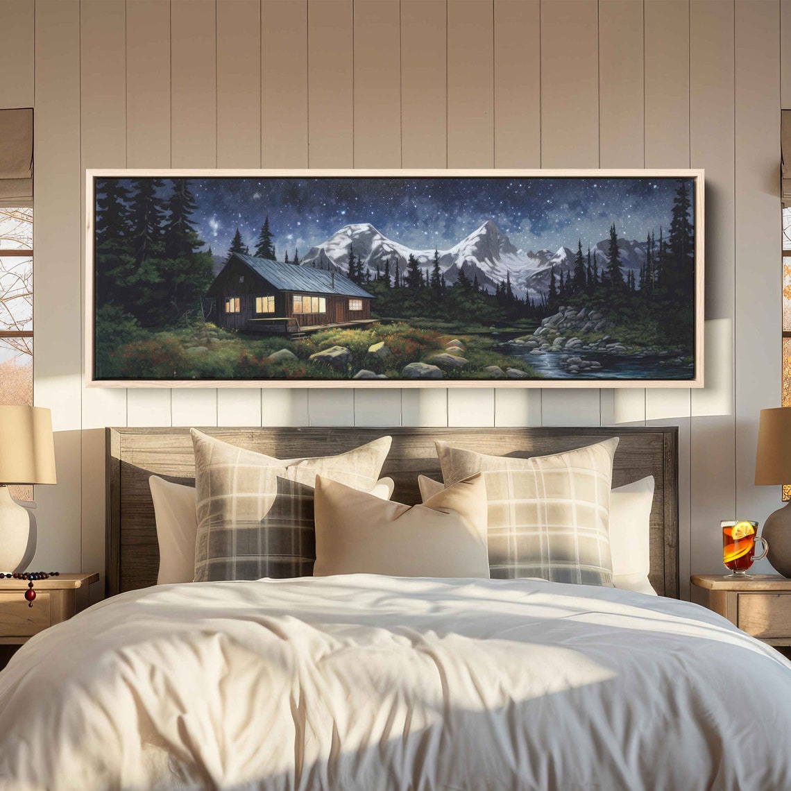 Forest Cabin by Stream Starry Night Snowy Mountain Peaks Poster - Image 3