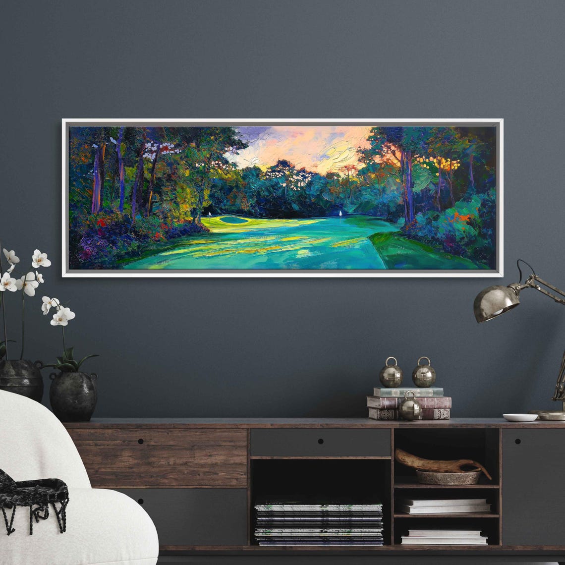 Golf Fairway At Sunset Through Dark Woods Green Painting Poster - Image 3