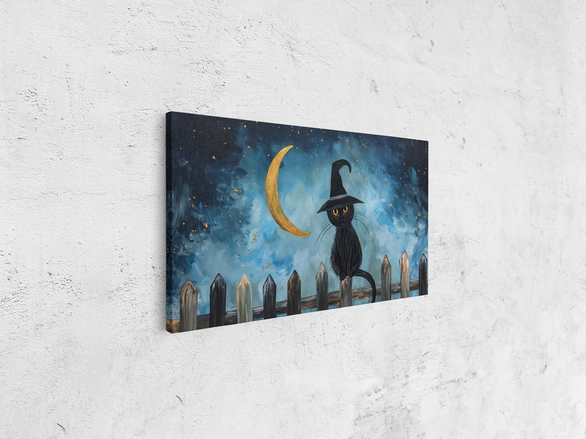Black Cat in Witch Hat on Fence Crescent Moon Starry Night Wall Art - Image 4