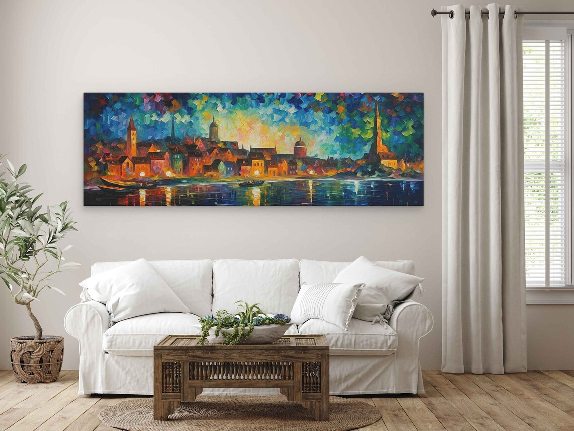 Old Town Night Lights Palette Knife River Glow Panoramic Painting Poster - Image 4
