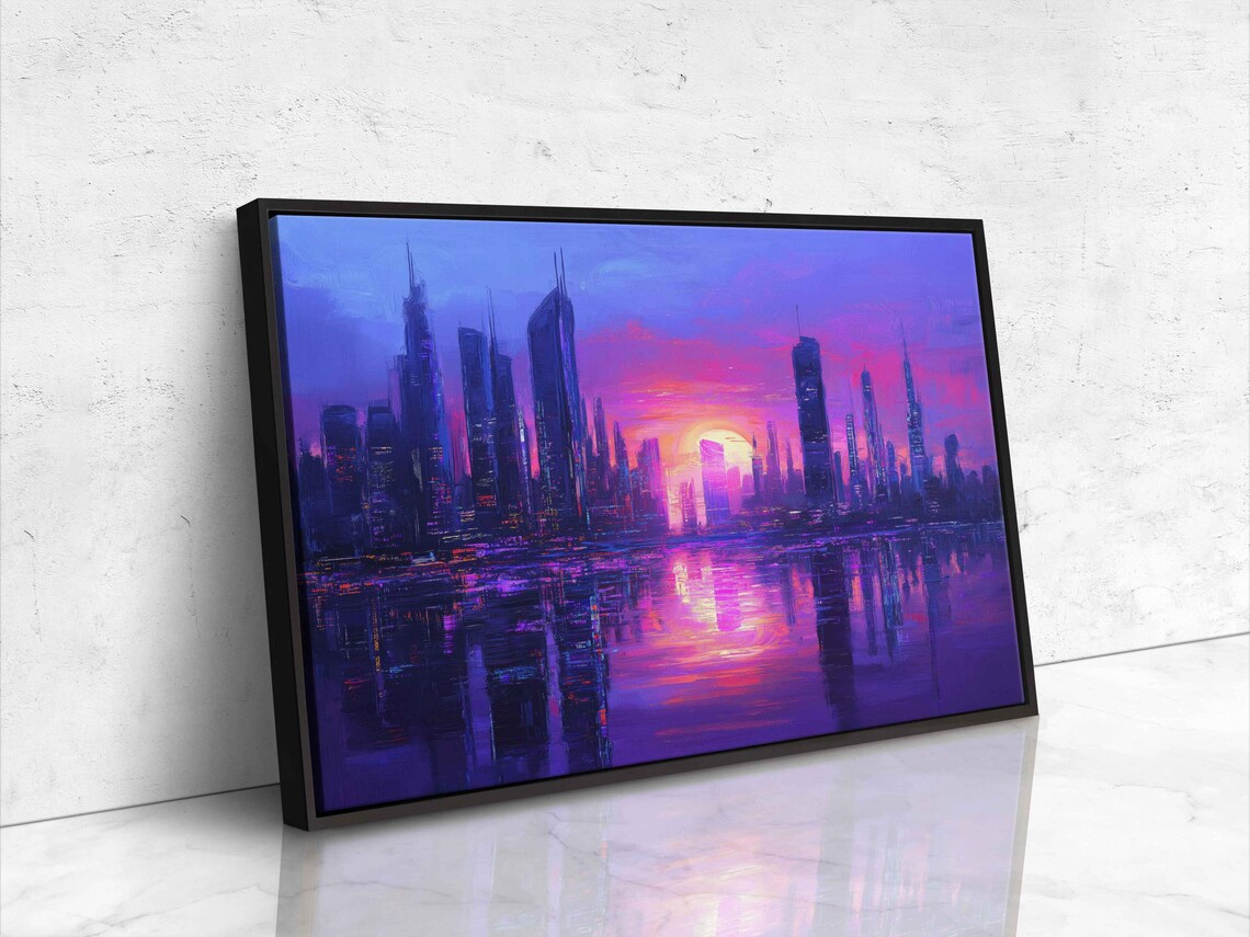 Futuristic City Skyline, Vibrant Sunset Reflection - Image 4