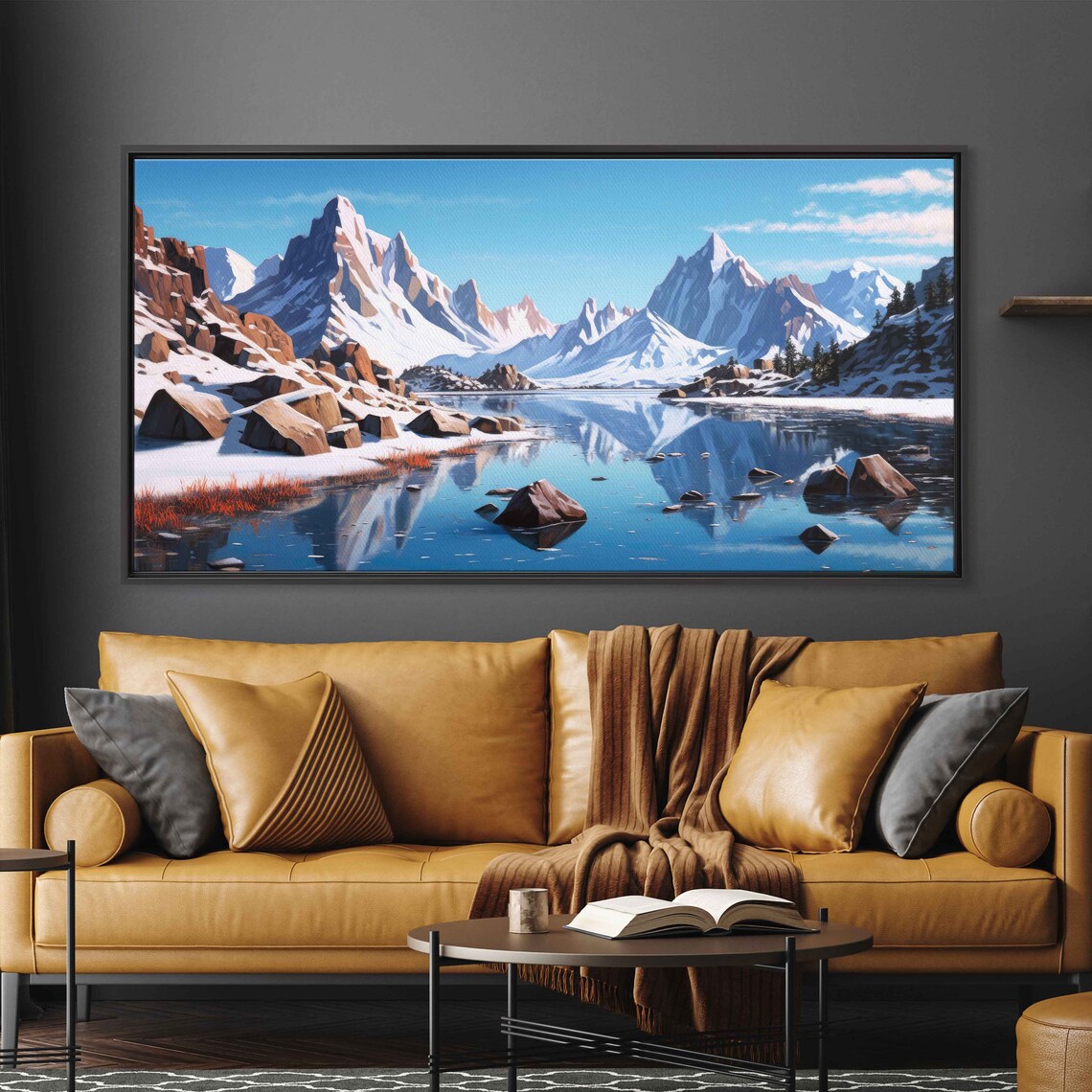 Snow Covered Mountain Landscape Oil Painting Framed Print Ready To Hang Reflective Lake - Image 2