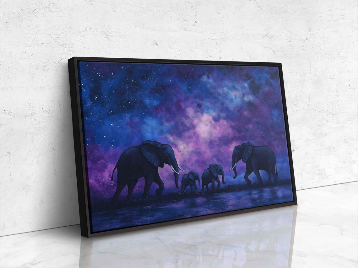 Elephant Family Under Starry Sky Wall Art Print Tranquil Night Scene - Image 4