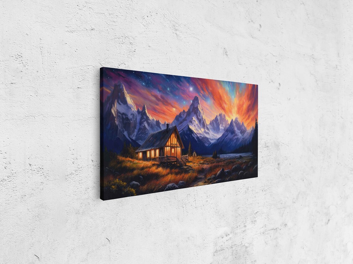 Cozy Lit Cabin Colorful Dusk Sky Snowy Mountain Peaks Landscape Poster - Image 4