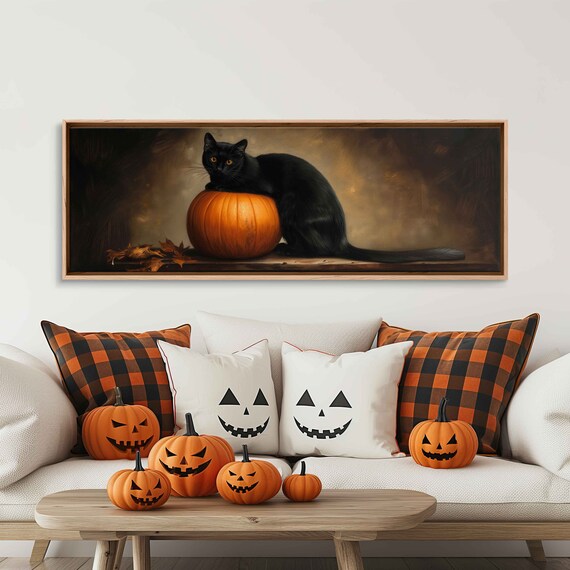 Black Cat Draped Over Pumpkin Vintage Oil Painting Halloween Wall Art