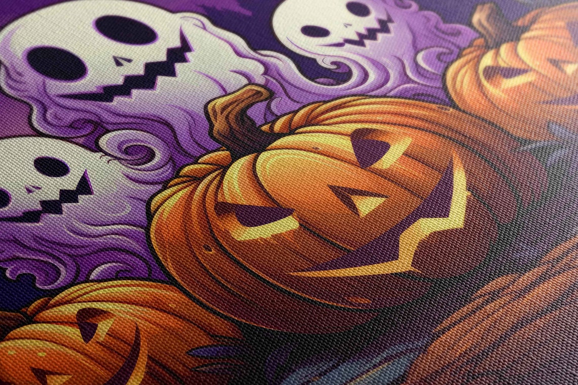 Cute Spooky Ghosts Jack O Lanterns Purple Night Halloween Wall Art - Image 2