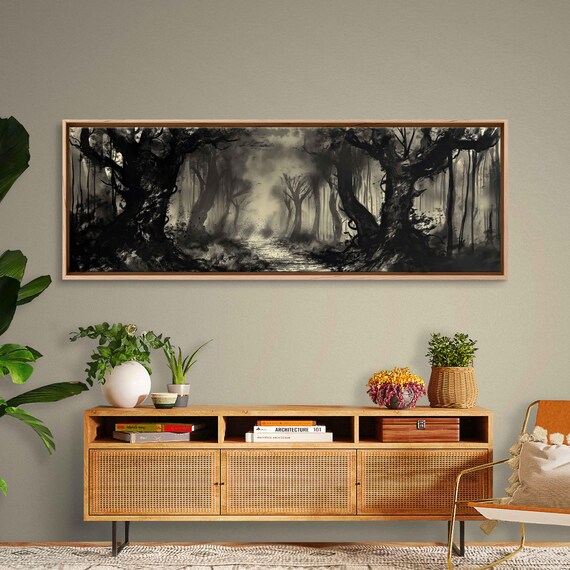 Misty Forest Path Between Dark Trees Panoramic Ink Wash Halloween Poster