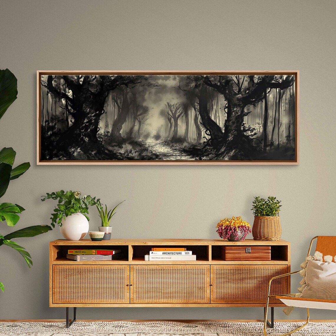 Misty Forest Path Between Dark Trees Panoramic Ink Wash Halloween Poster