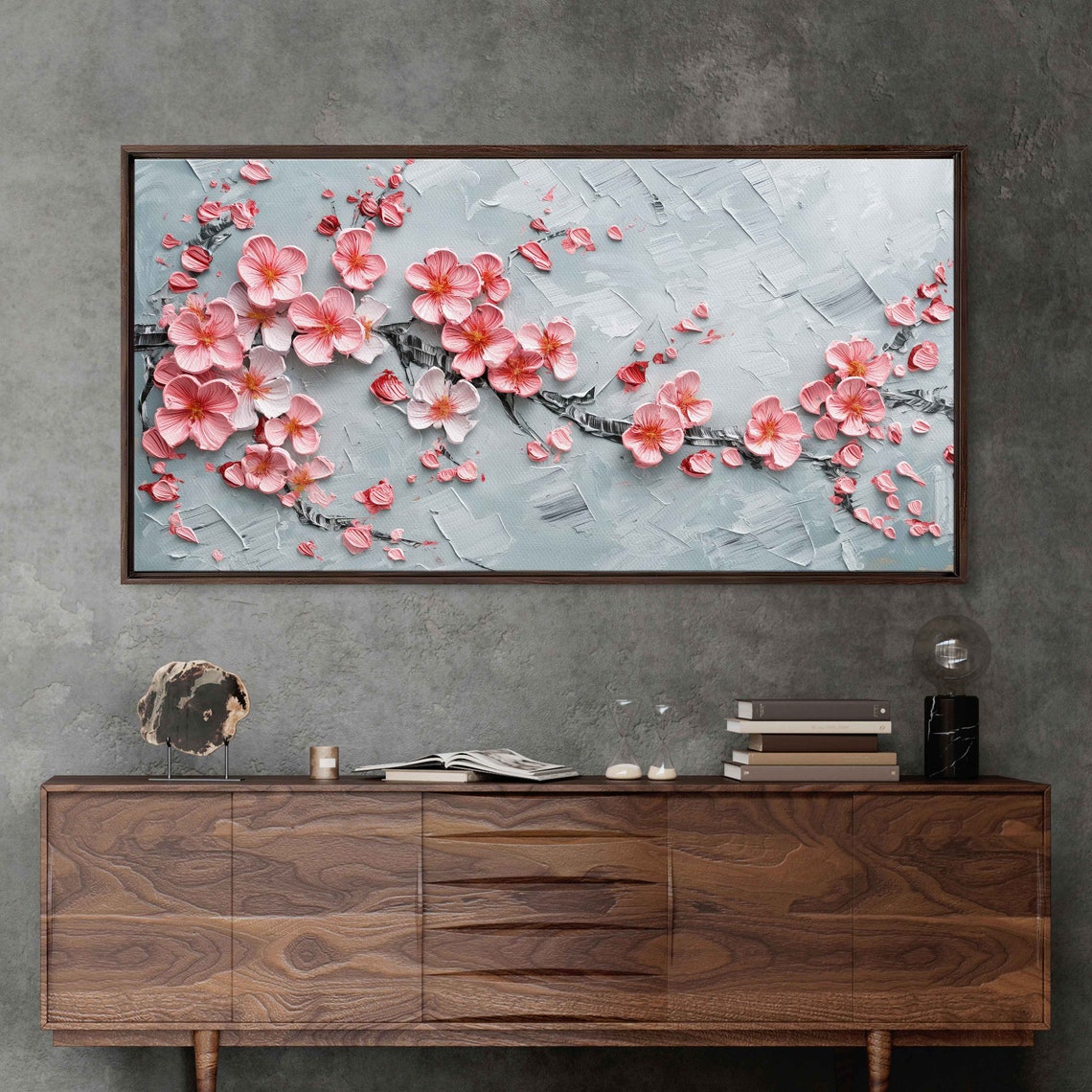 Pink Cherry Blossom Branch Impasto Floral Painting Art Print - Image 3